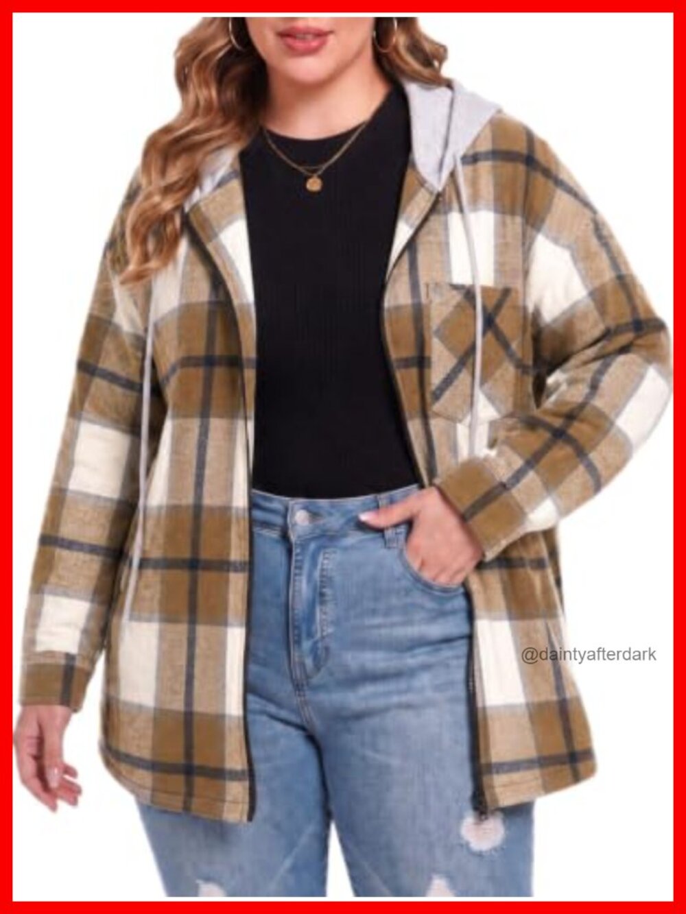Plus Size Hooded Flannel Shacket Zip Up Plaid Jacket